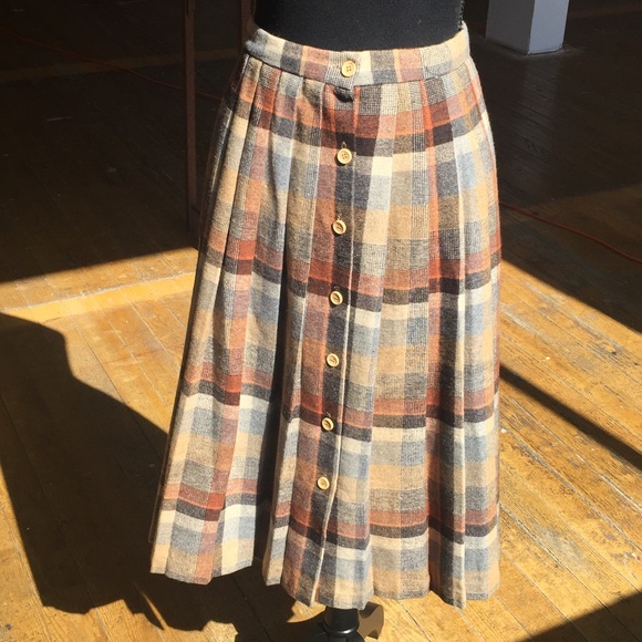 Vintage Dresses & Skirts - Multi-neutral Plaid Pleated button Front skirt